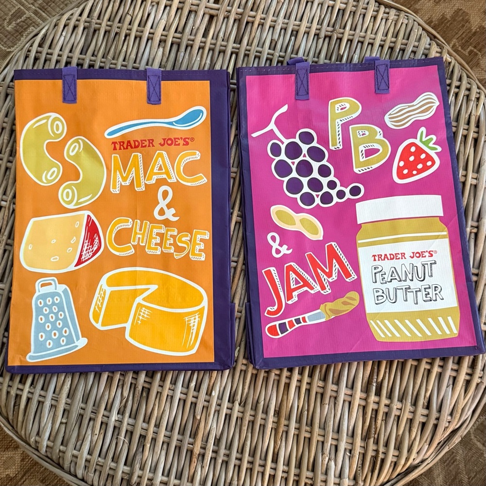 Set of (2) New Trader Joe's Reusable Shopping Totes featuring great food combos!